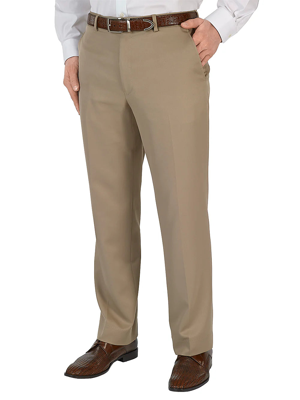 Microfiber Solid Flat Front Pants - Tan