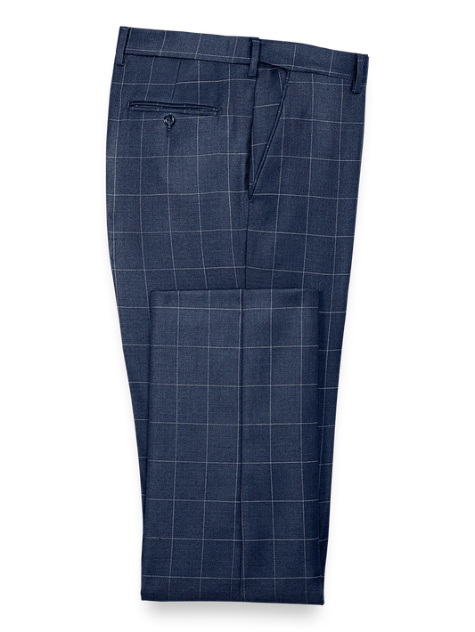 Classic Fit Essential Wool Flat Front Suit Pants - Navy Windowpane