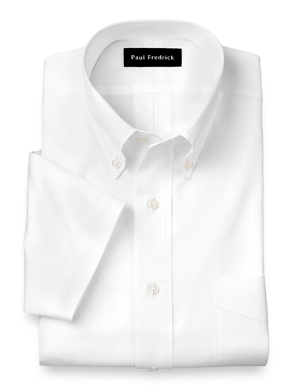 Pure Cotton Pinpoint Solid Color Button Down Collar Short Sleeve Dress Shirt - White