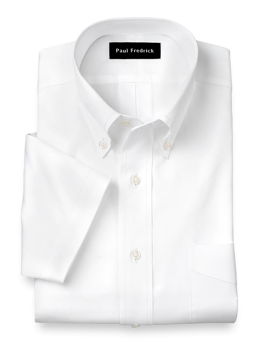 Pure Cotton Pinpoint Solid Color Button Down Collar Short Sleeve Dress Shirt - White