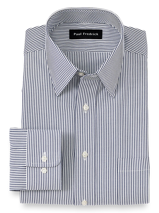 Pure Cotton Pinpoint Solid Color Straight Collar Dress Shirt - Blue Stripe