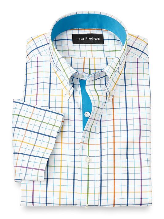 Comfort Stretch Non-Iron Tattersall Dress Shirt With Contrast Trim - Multi