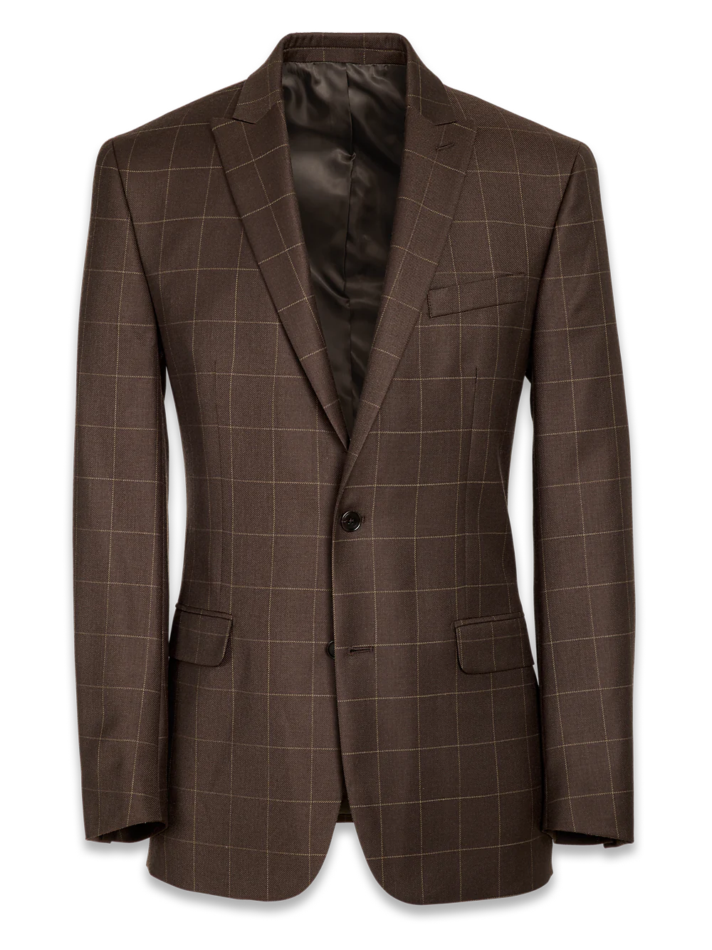 Tailored Fit Essential Wool Peak Lapel Suit Jacket - Brown Windowpane