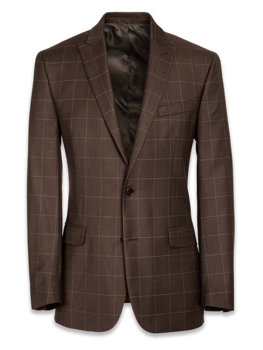 Tailored Fit Essential Wool Peak Lapel Suit Jacket - Brown Windowpane