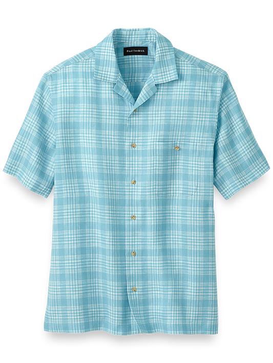 Linen Plaid Casual Shirt - Light Blue