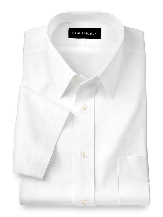 Pure Cotton Pinpoint Solid Color Straight Collar Short Sleeve Dress Shirt - White