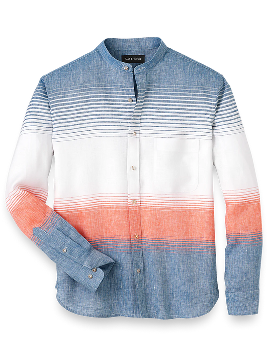 Linen Horizontal Stripe Casual Shirt - Orange/blue