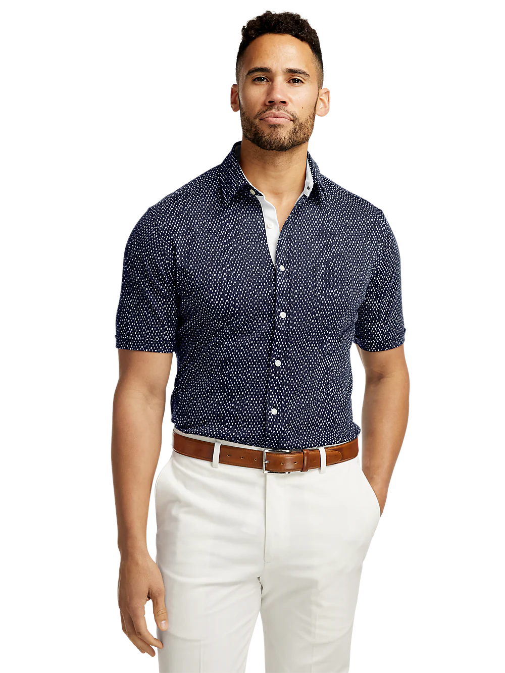 Cotton Button Front Polo - Navy/white