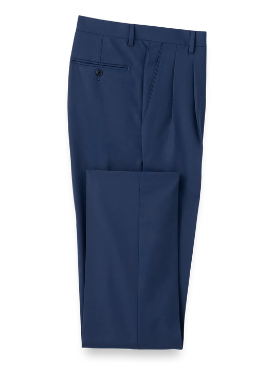 Wool Stretch Bengaline Pleated Suit Pants - Blue