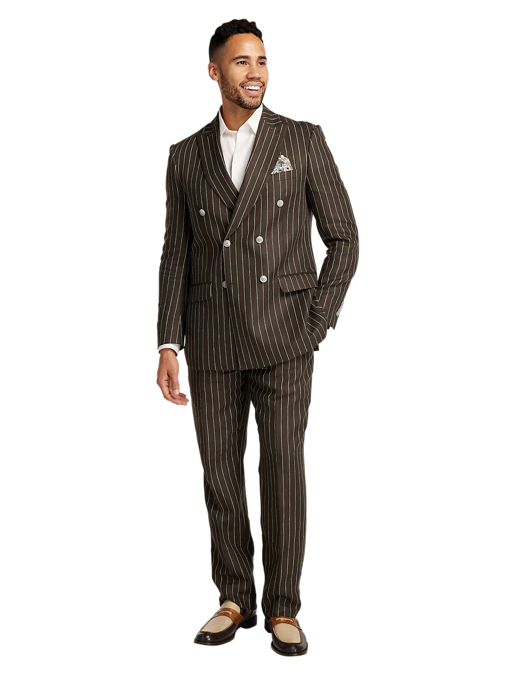 Linen Pinstripe Double Breasted Peak Lapel Suit - Dark Brown