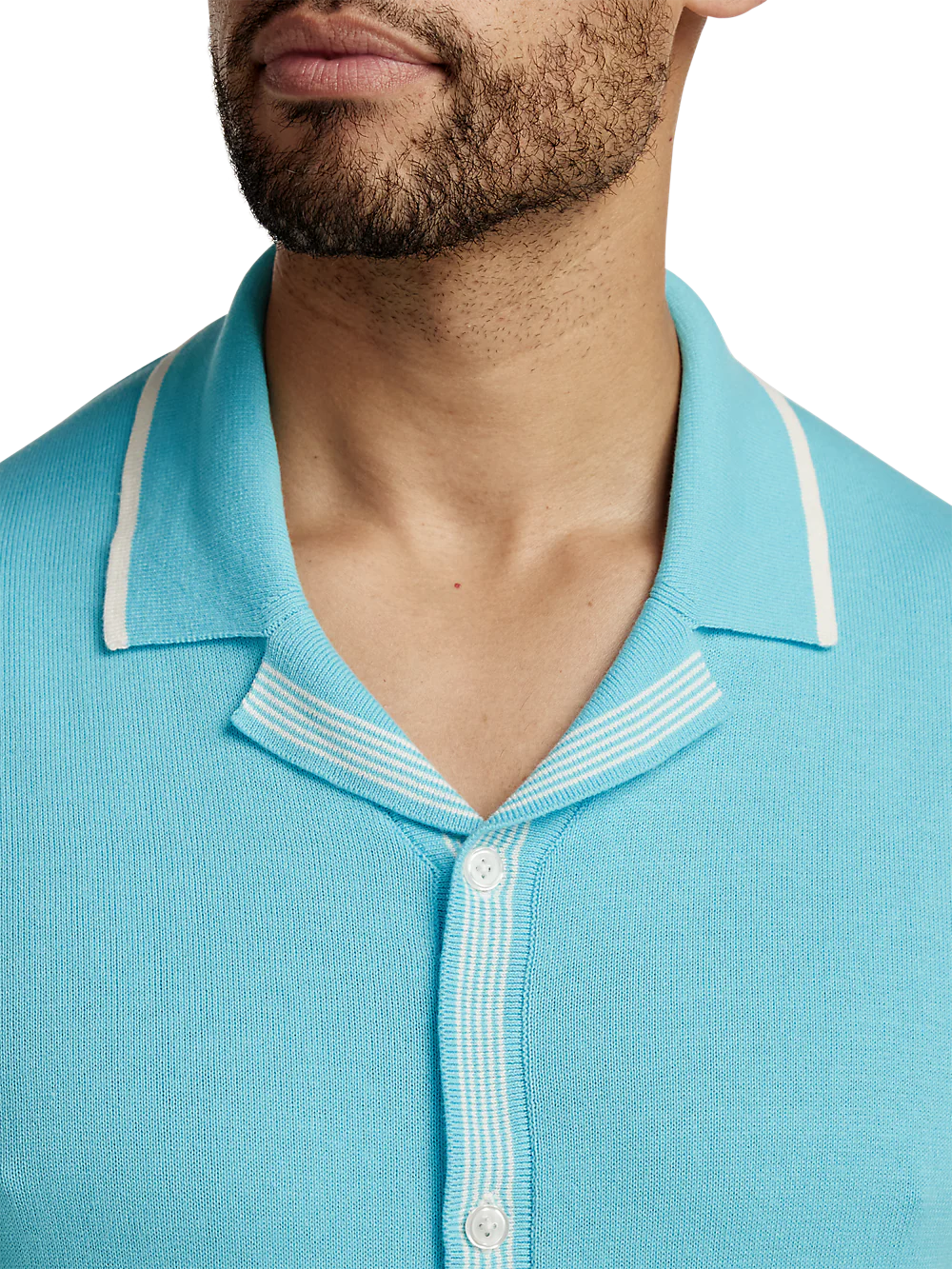 Cotton Button Front Camp Collar Sweater - Aqua