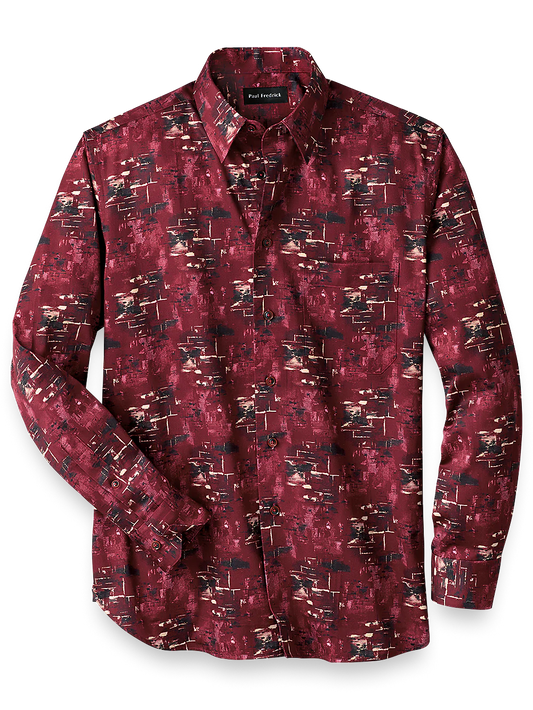 Cotton Abstract Print Casual Shirt - Burgundy