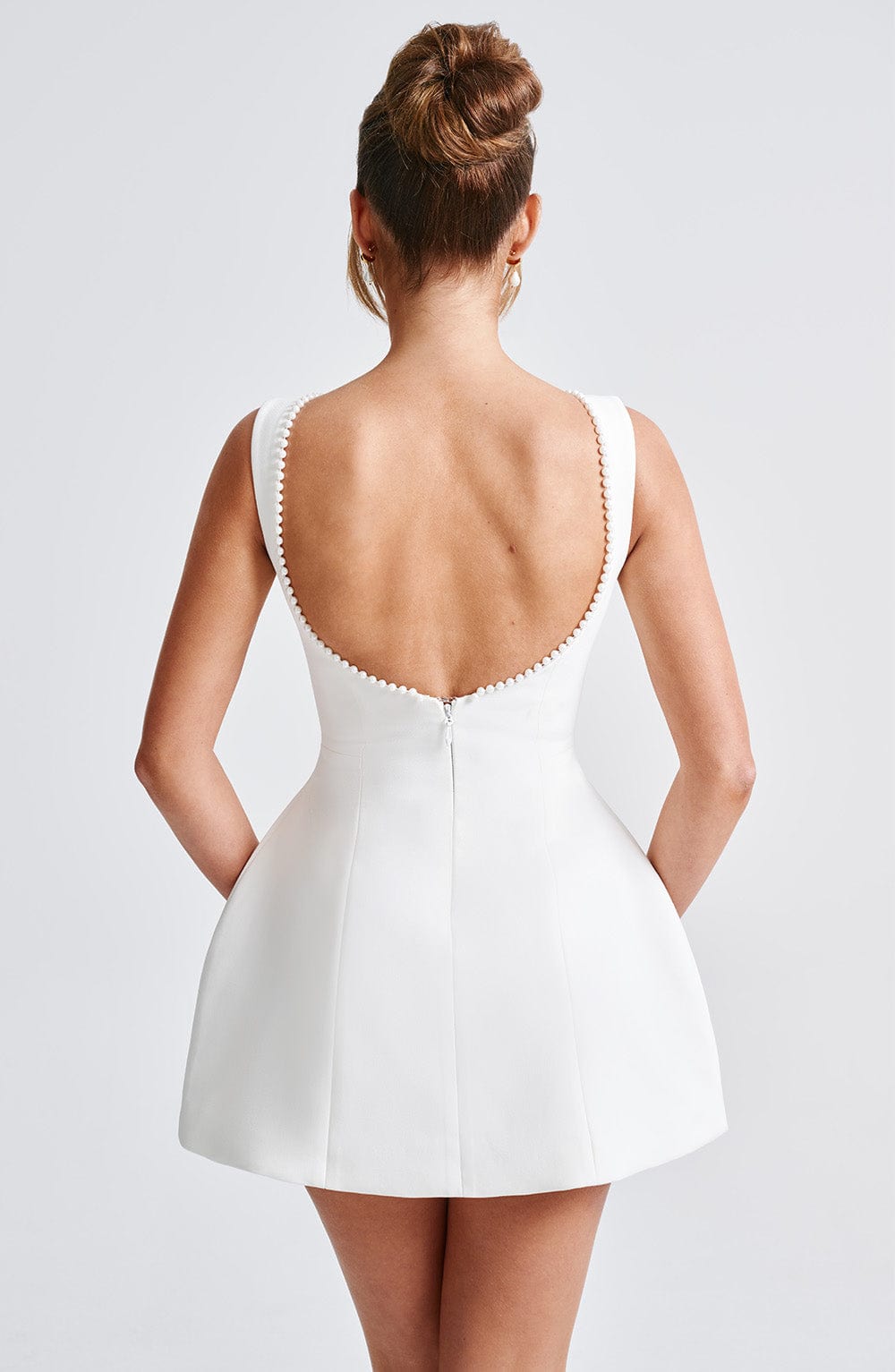 Pearl Bow Backless Bubble Mini Dress - White