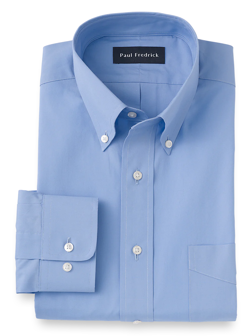 Pure Cotton Broadcloth Solid Color Button Down Collar Dress Shirt - Blue