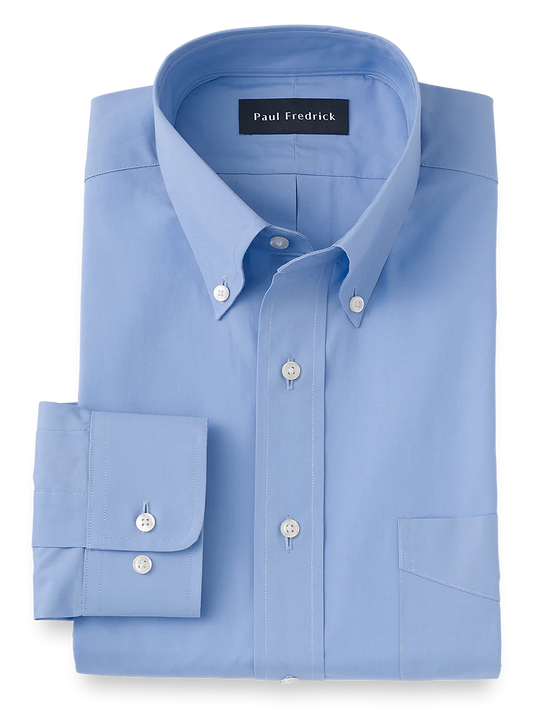 Pure Cotton Broadcloth Solid Color Button Down Collar Dress Shirt - Blue