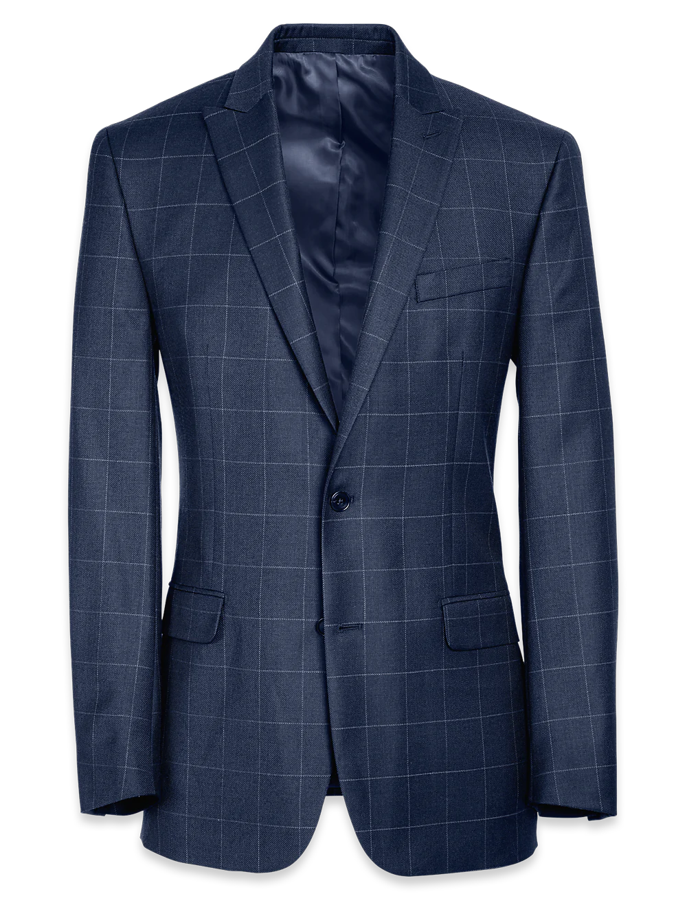 Tailored Fit Essential Wool Peak Lapel Suit Jacket - Navy Windowpane