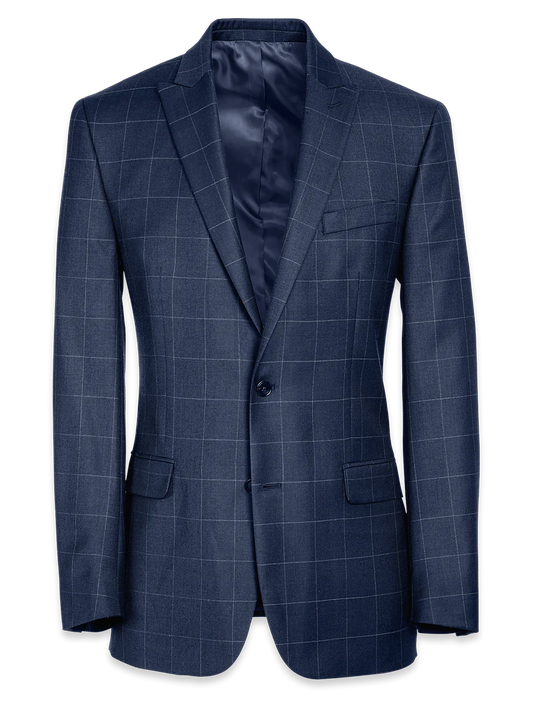 Tailored Fit Essential Wool Peak Lapel Suit Jacket - Navy Windowpane