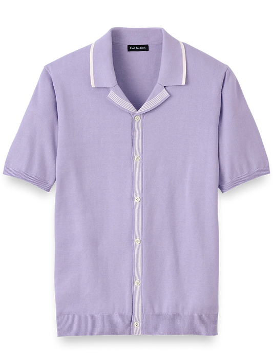 Cotton Button Front Camp Collar Sweater - Lavender