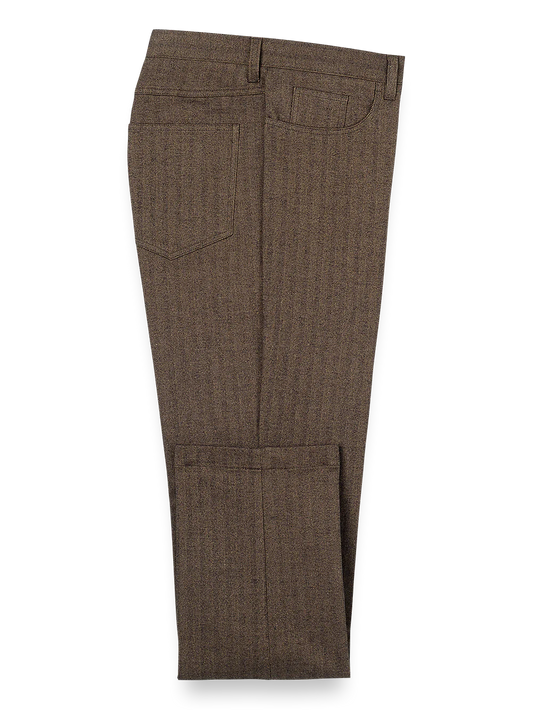 Cotton Herringbone Five Pocket Pants - Brown