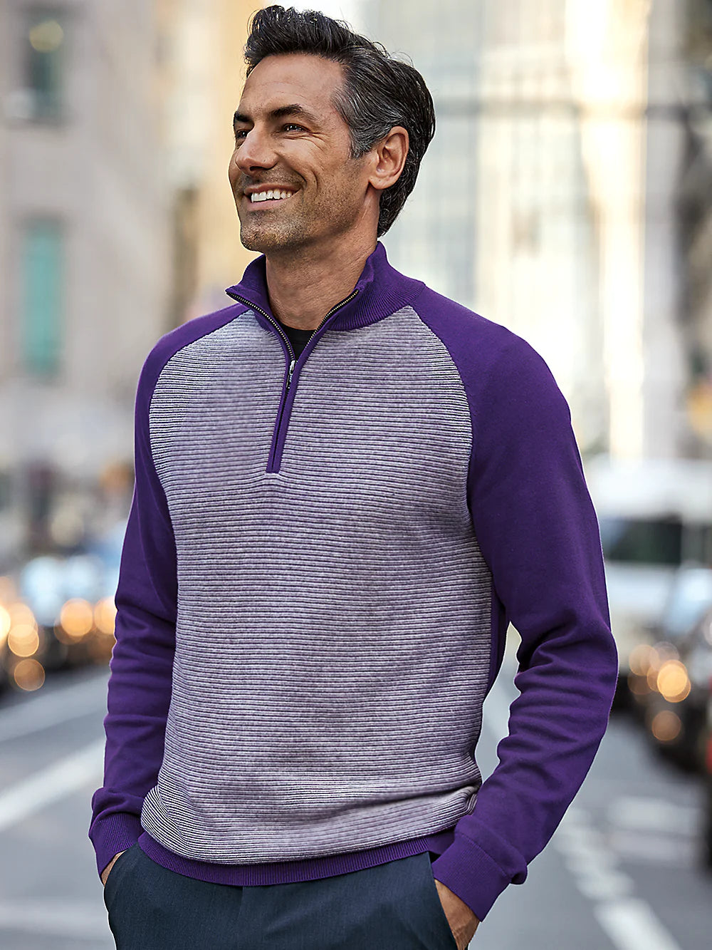 Cotton Zip Mock Neck Sweater - Purple