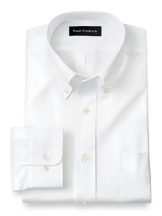 Pure Cotton Broadcloth Solid Color Button Down Collar Dress Shirt - White