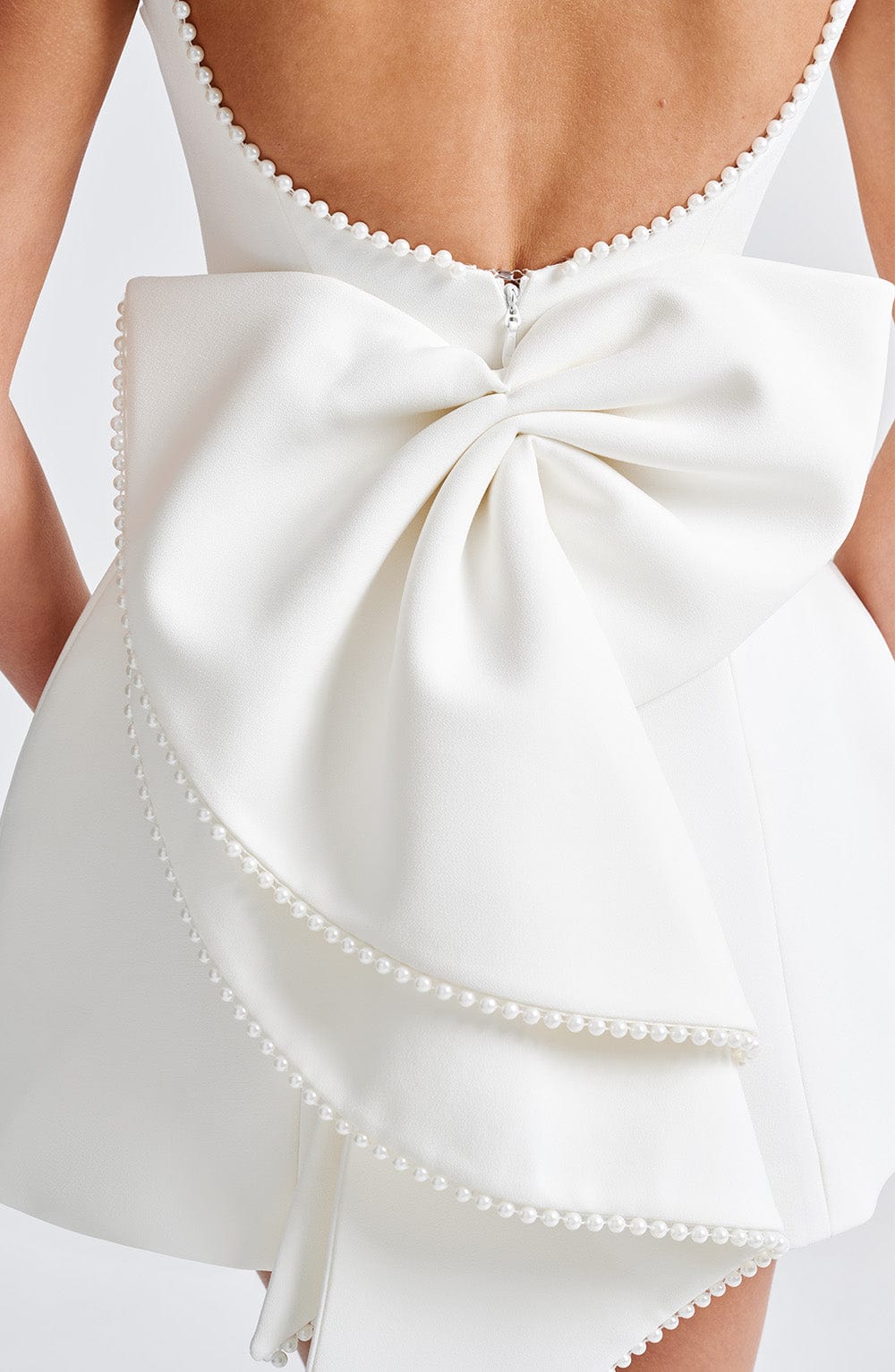 Pearl Bow Backless Bubble Mini Dress - White