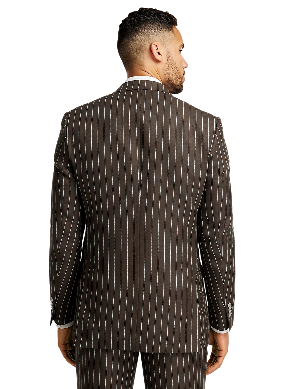 Linen Pinstripe Double Breasted Peak Lapel Suit Jacket - Dark Brown