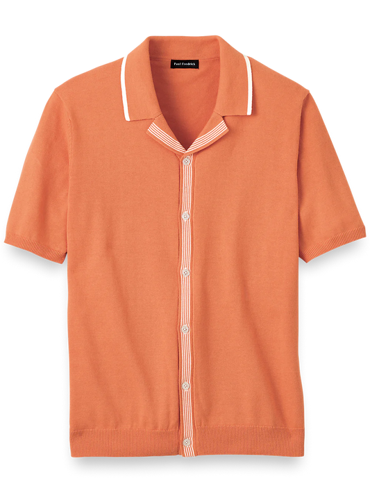 Cotton Button Front Camp Collar Sweater - Orange