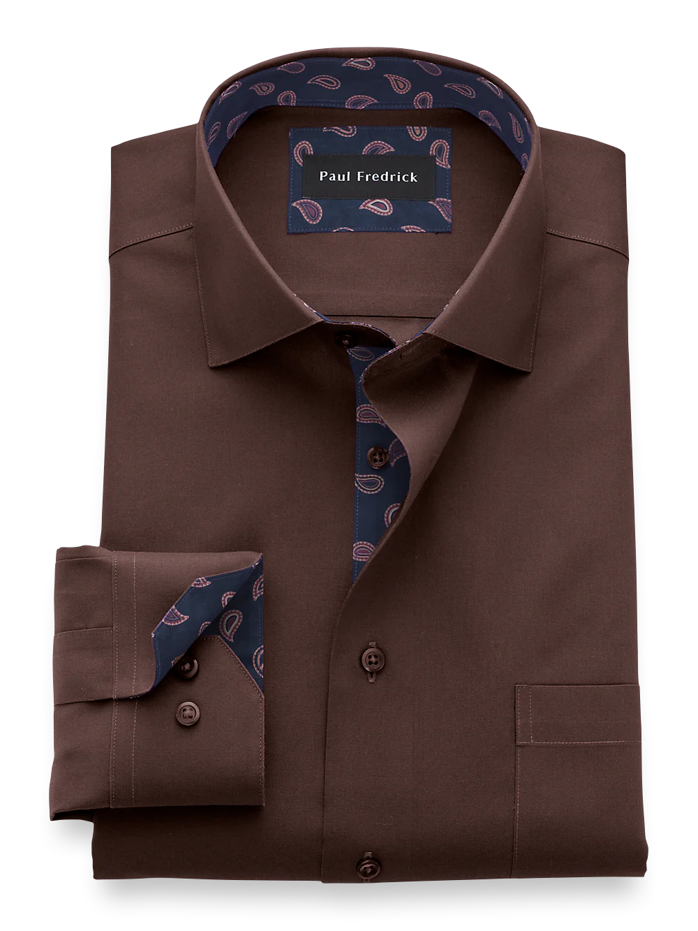 Non-Iron Cotton Solid Dress Shirt With Contrast Trim - Chocolate