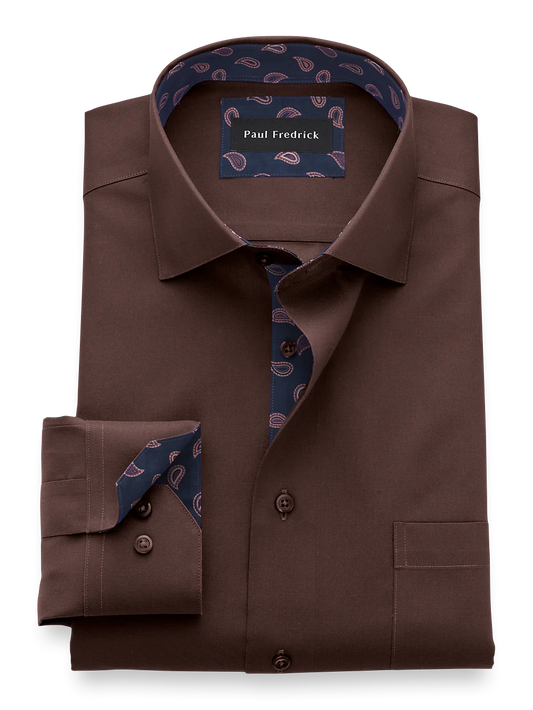 Non-Iron Cotton Solid Dress Shirt With Contrast Trim - Chocolate