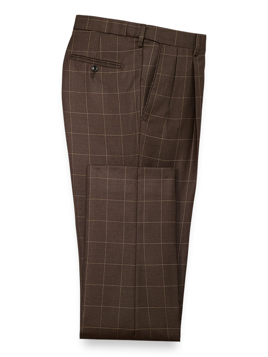 Classic Fit Essential Wool Pleated Suit Pants - Brown Windowpane