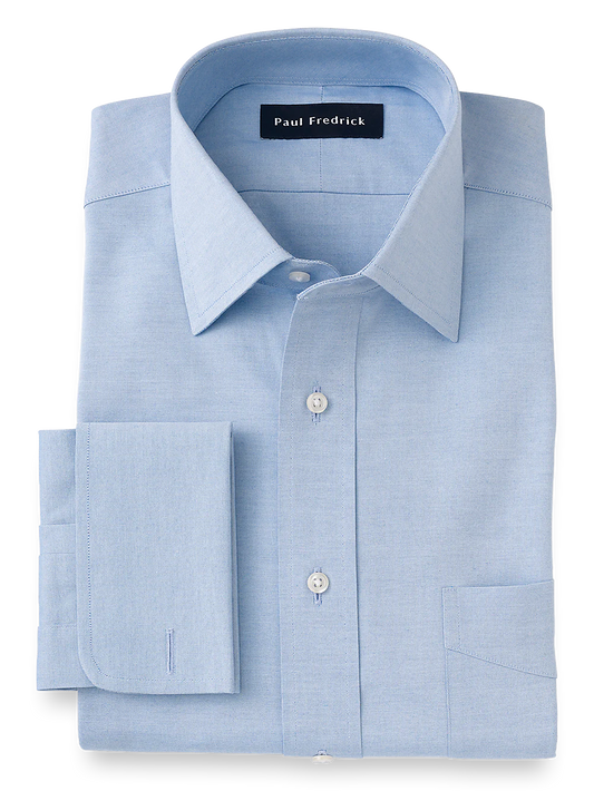 Pure Cotton Pinpoint Solid Color Spread Collar French Cuff Dress Shirt - Blue