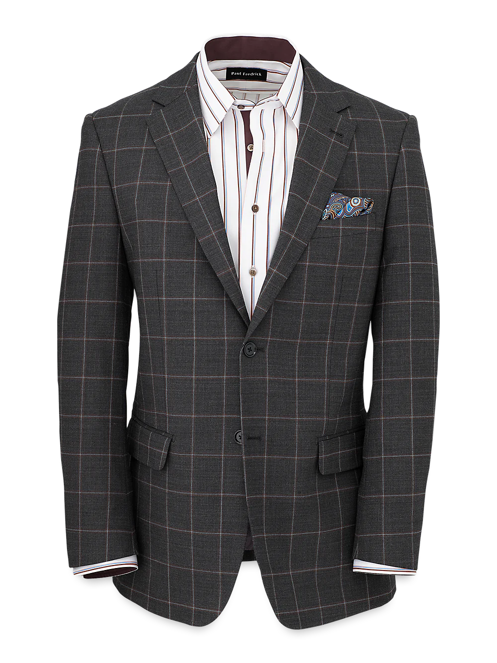 Wool Stretch Windowpane Notch Lapel Suit Jacket - Grey