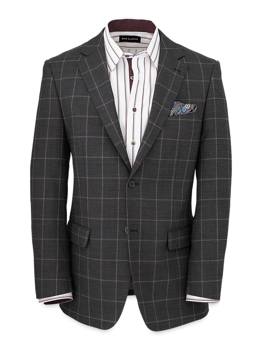 Wool Stretch Windowpane Notch Lapel Suit Jacket - Grey