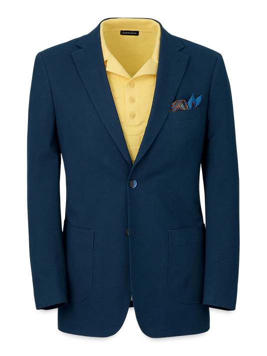 Cotton Stretch Seersucker Notch Lapel Suit Jacket - Navy