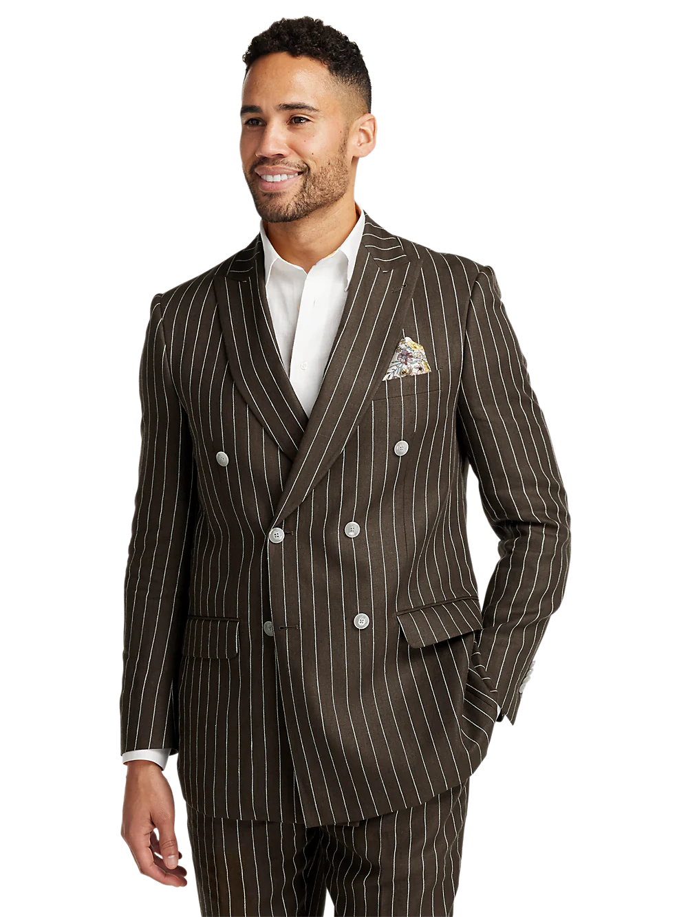 Linen Pinstripe Double Breasted Peak Lapel Suit Jacket - Dark Brown