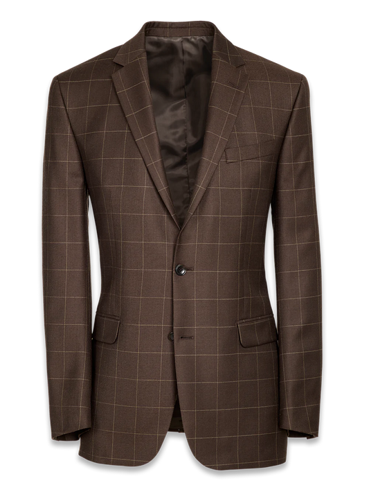 Classic Fit Essential Wool Notch Lapel Suit Jacket - Brown Windowpane