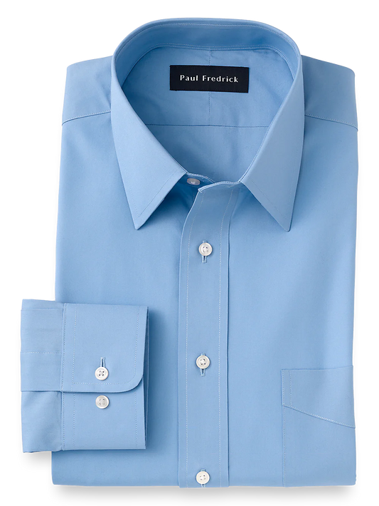 Pure Cotton Broadcloth Solid Color Straight Collar Dress Shirt - Blue