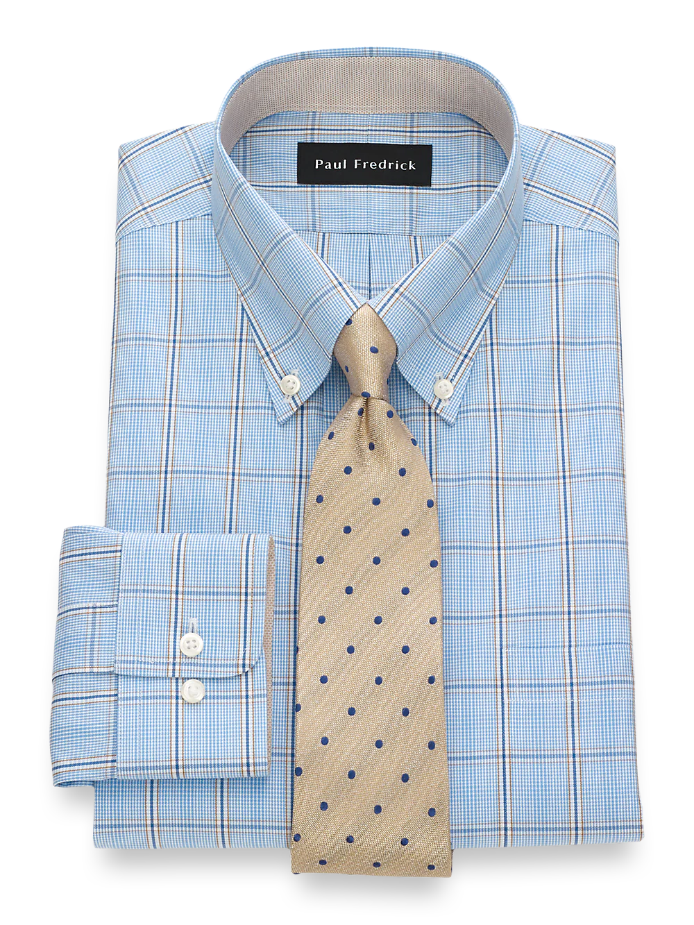 Non-Iron Cotton Pinpoint Glen Plaid Dress Shirt With Contrast Trim - Blue/tan