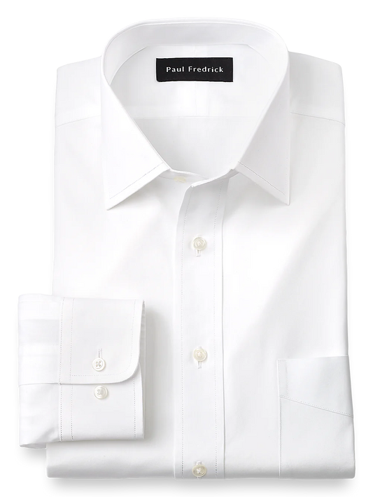 Slim Fit Pure Cotton Broadcloth Solid Color Spread Collar Dress Shirt - White