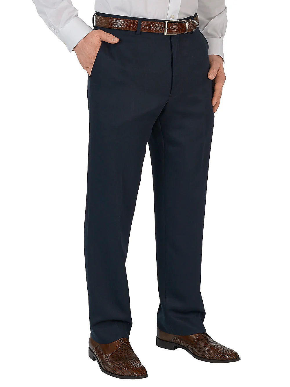 Microfiber Solid Flat Front Pants - Navy