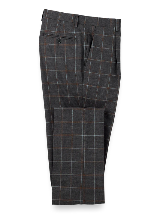 Wool Stretch Windowpane Single Pleat Suit Pants - Grey