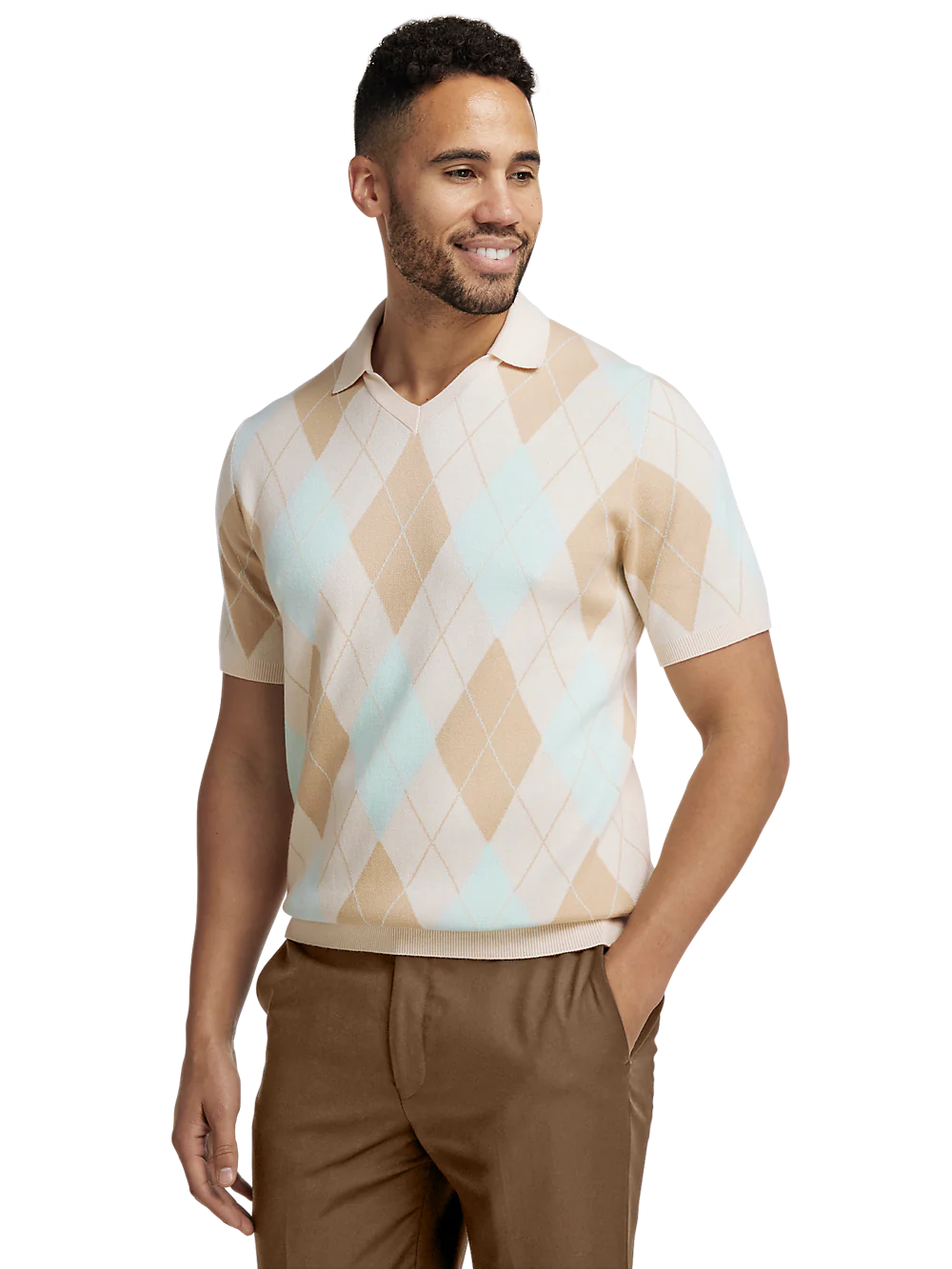 Cotton V-neck Polo - Ivory/aqua