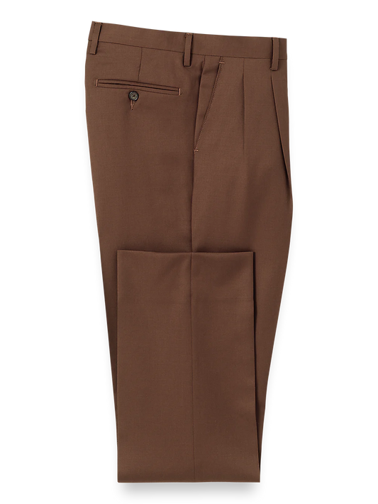 Wool Gabardine Pleated Pants - Brown