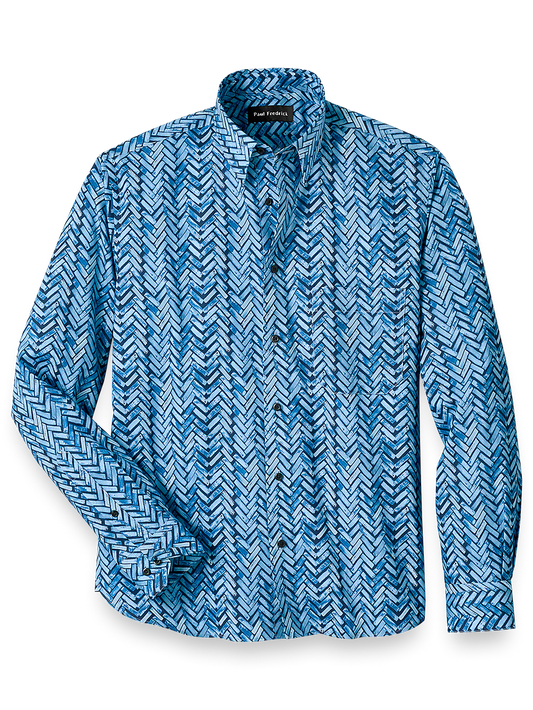 Cotton Herringbone Print Casual Shirt - Blue