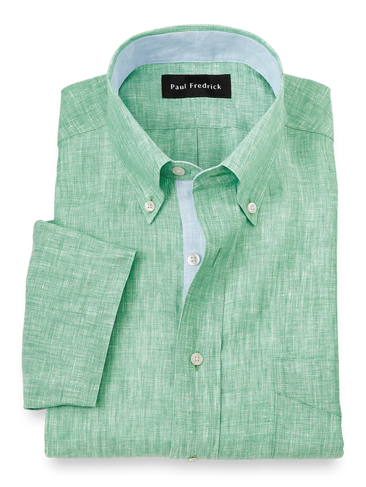 Non-Iron Linen Solid Dress Shirt With Contrast Trim - Light Green