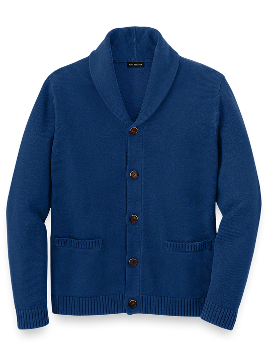 Cotton Button Front Shawl Collar Cardigan - Navy