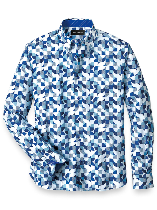 Cotton Deco Print Casual Shirt With Contrast Trim - Blue