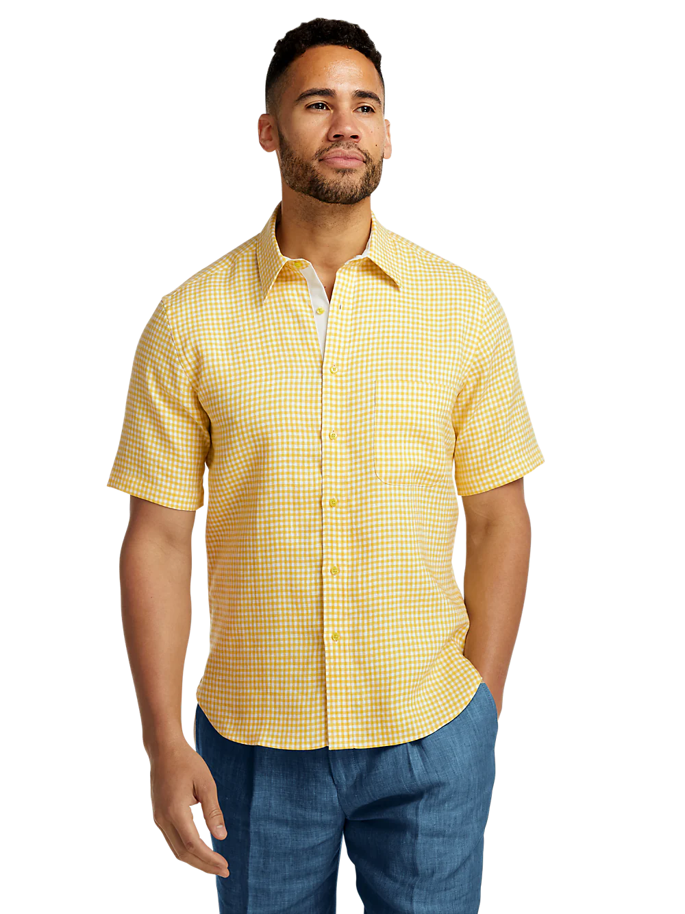 Linen Gingham Check Casual Shirt - Yellow