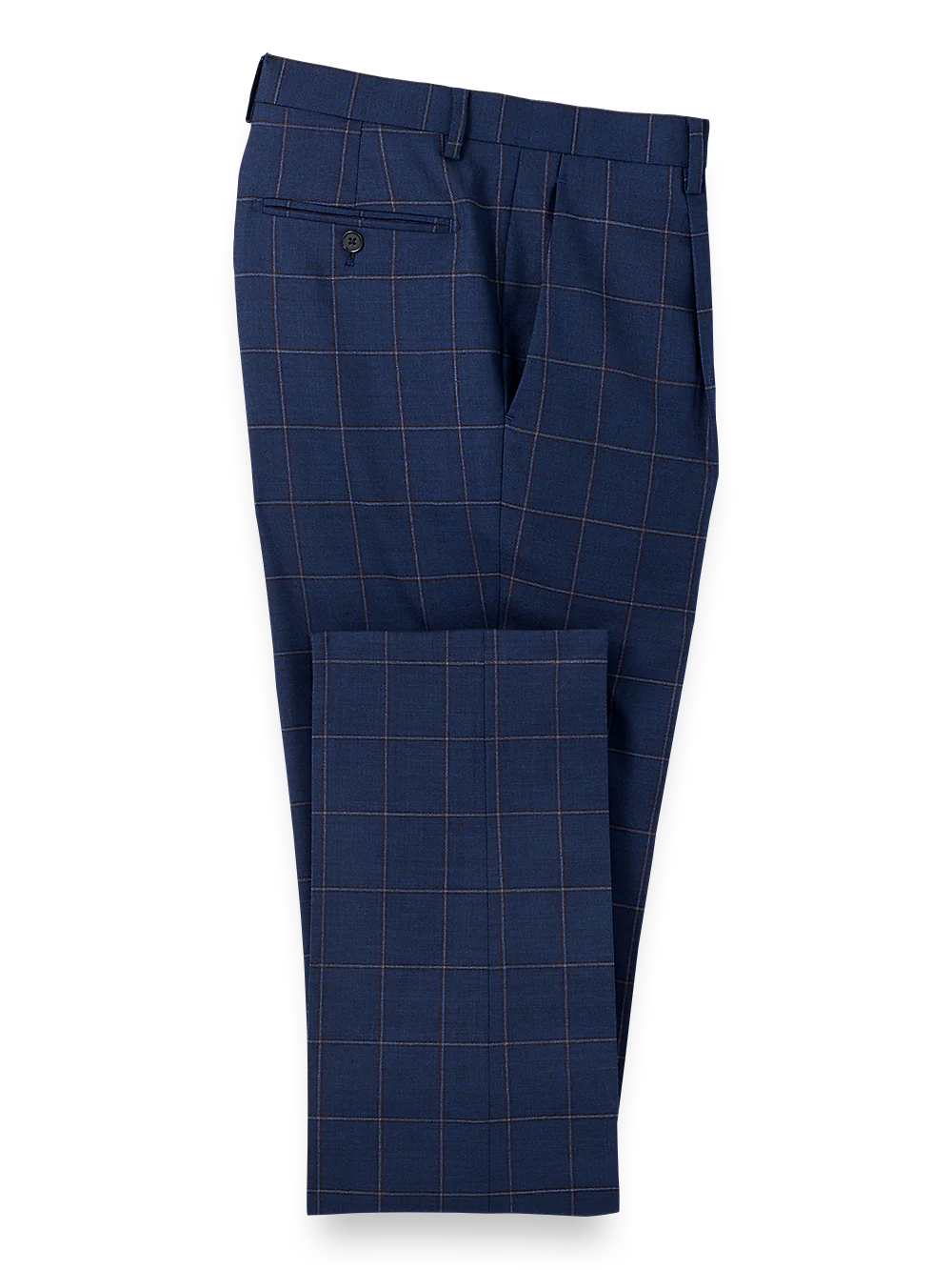 Wool Stretch Windowpane Single Pleat Suit Pants - Navy